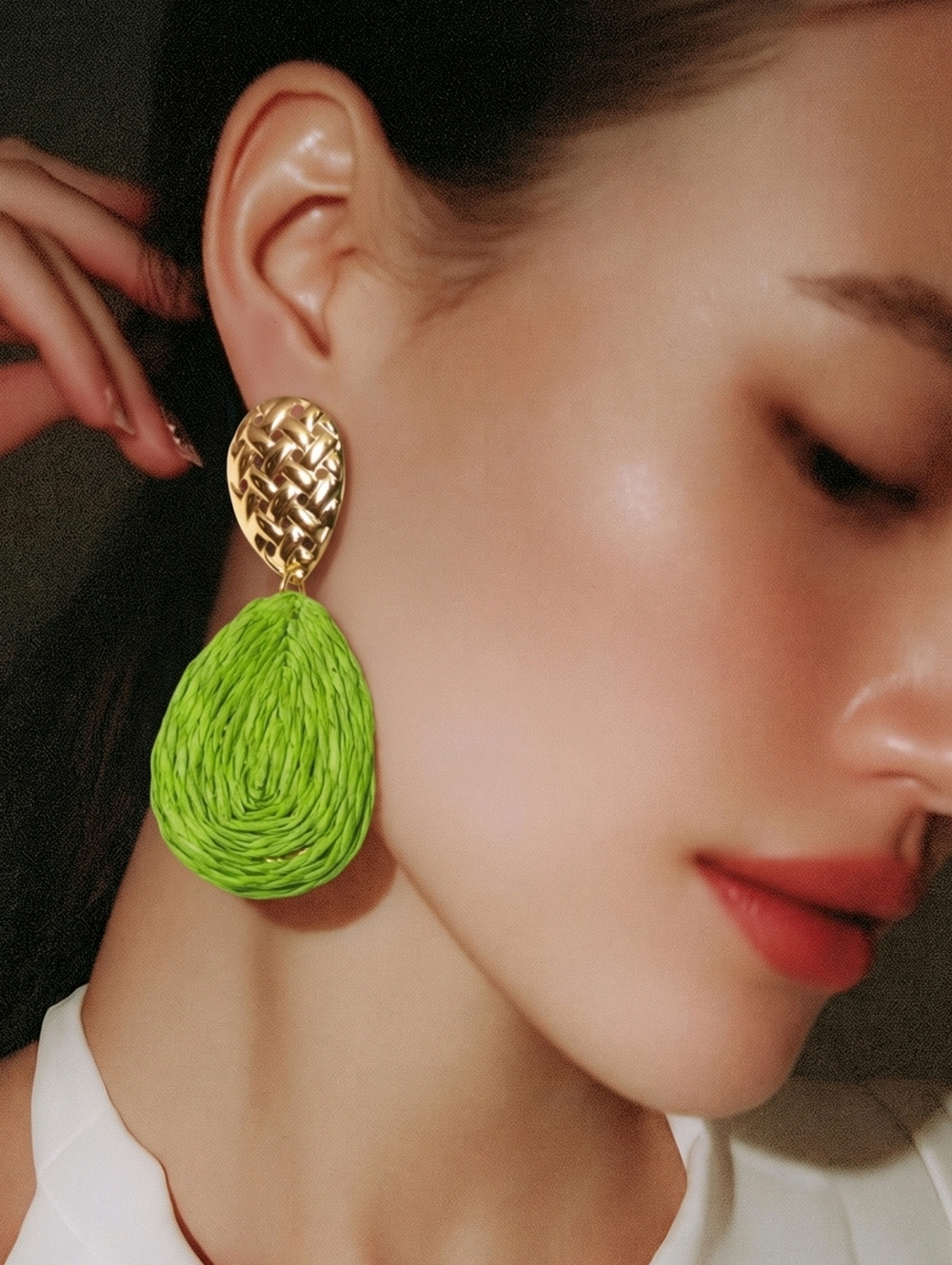 Green Raffia Teardrop Earrings Gold Woven Stud Boho Coastal Summer Jewelry NWT